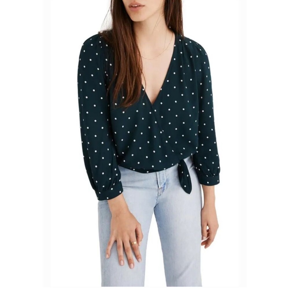 Madewell size medium green and white polka dot blouse top